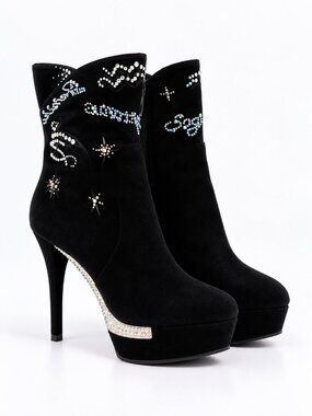 Roberta di Camerino Black Crystal Embellished Mid Calf Heel Boots